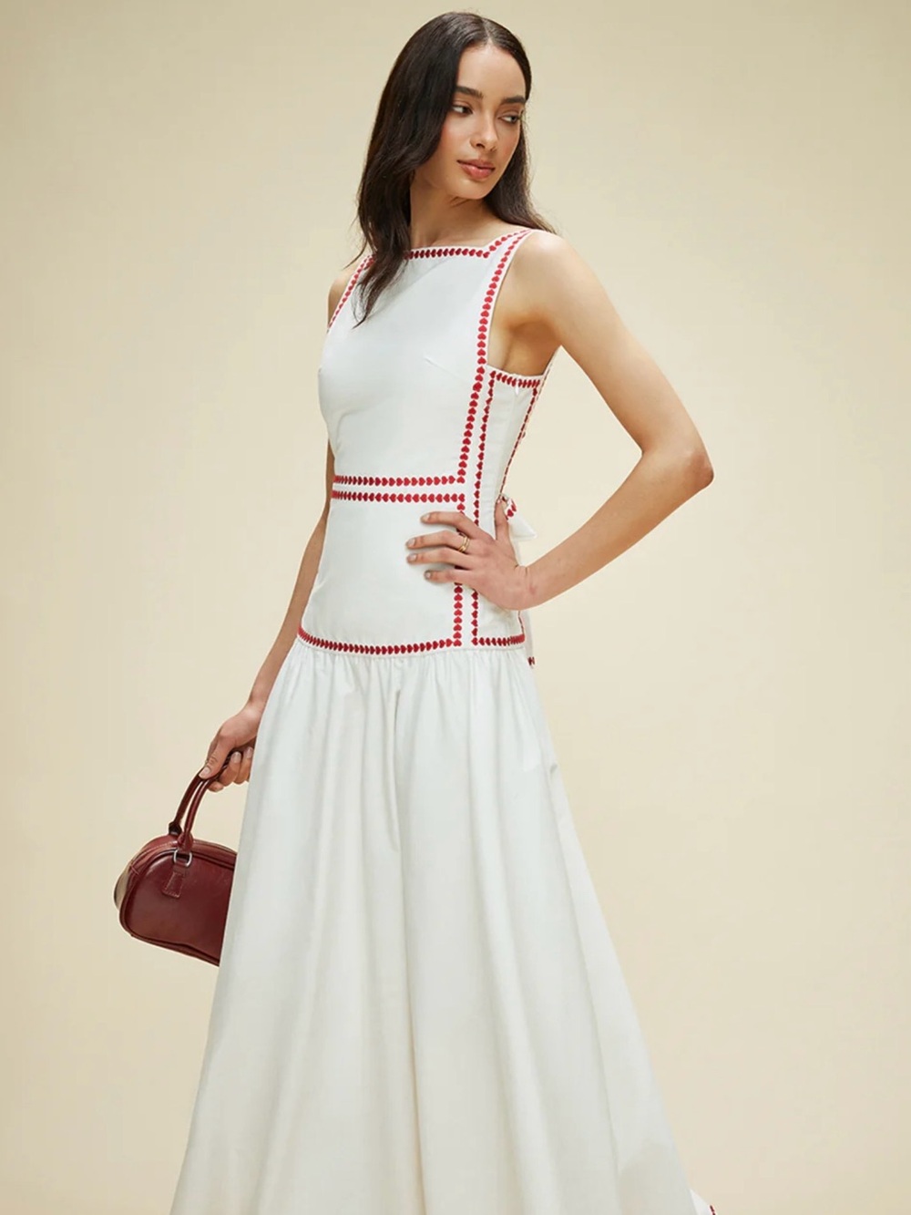 Commense Cotton Contrast Trim Back Tie Dress - Medium